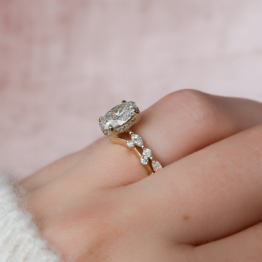 2.0CT Oval Cut Moissanite Hidden Halo Eternity Bridal Engagement Ring Set