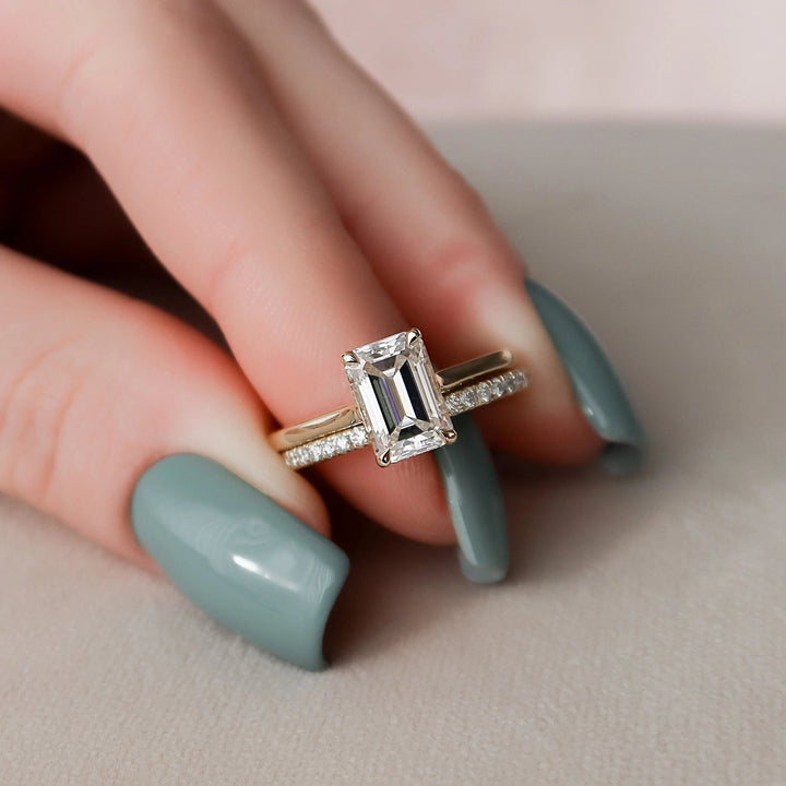 2.0CT Emerald Cut Moissanite Diamond Halo Bridal Engagement Ring Set