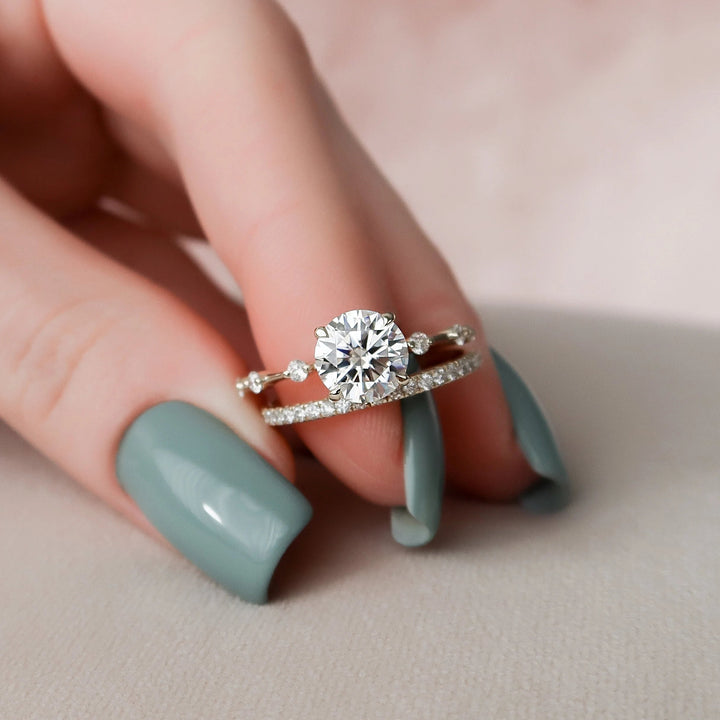 1.50CT Round Brilliant Cut Moissanite Halo Bridal Engagement Ring Set