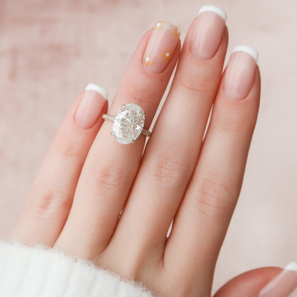 5.0CT Oval Cut Three Side Pave Moissanite Diamond Hidden Halo Engagement Ring