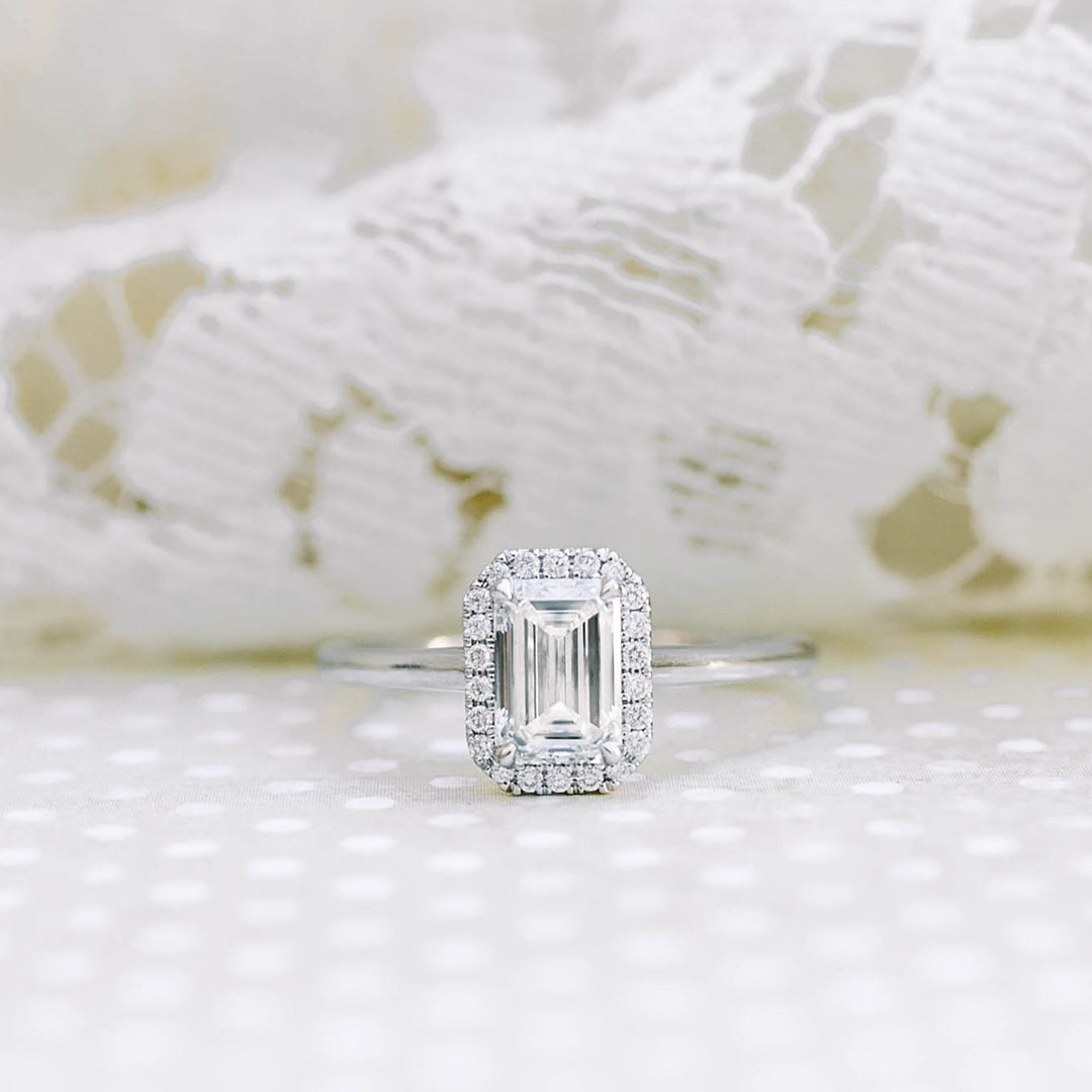 1.0CT Emerald Cut Moissanite Halo Diamond Engagement Ring