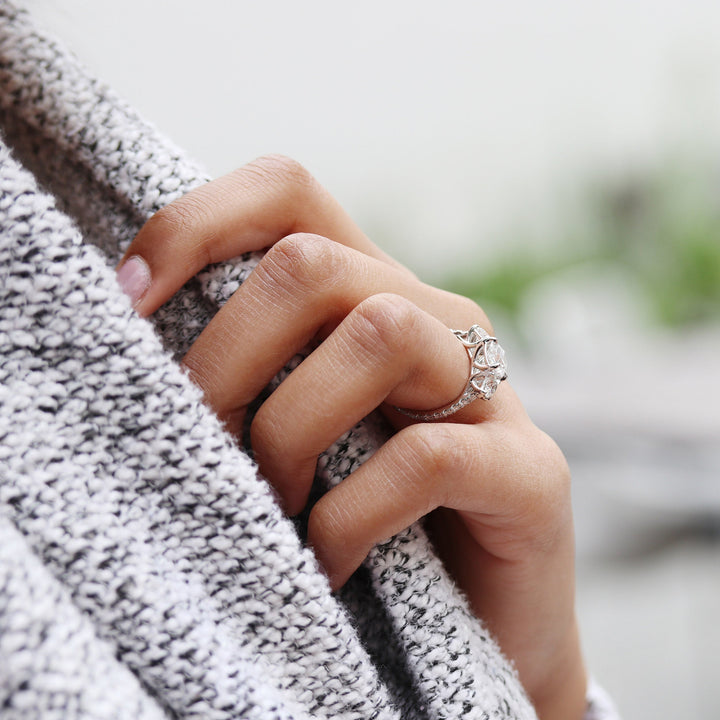 2.0CT Oval Cut Moissanite Three Stone Pave Engagement Ring