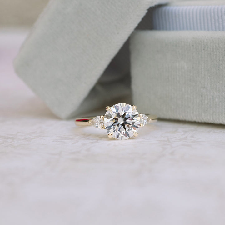 2.0CT Round & Pear Cut Moissanite 3 Stone Engagement Ring