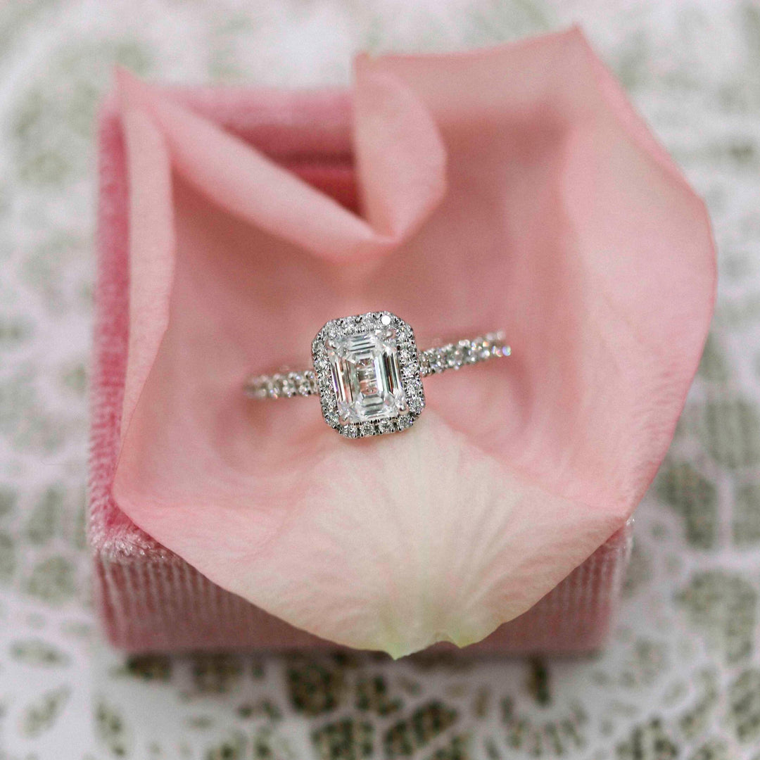 2.0CT Emerald Cut Moissanite Halo Pave Diamond Engagement Ring
