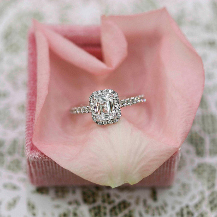 2.0CT Emerald Cut Moissanite Halo Pave Diamond Engagement Ring