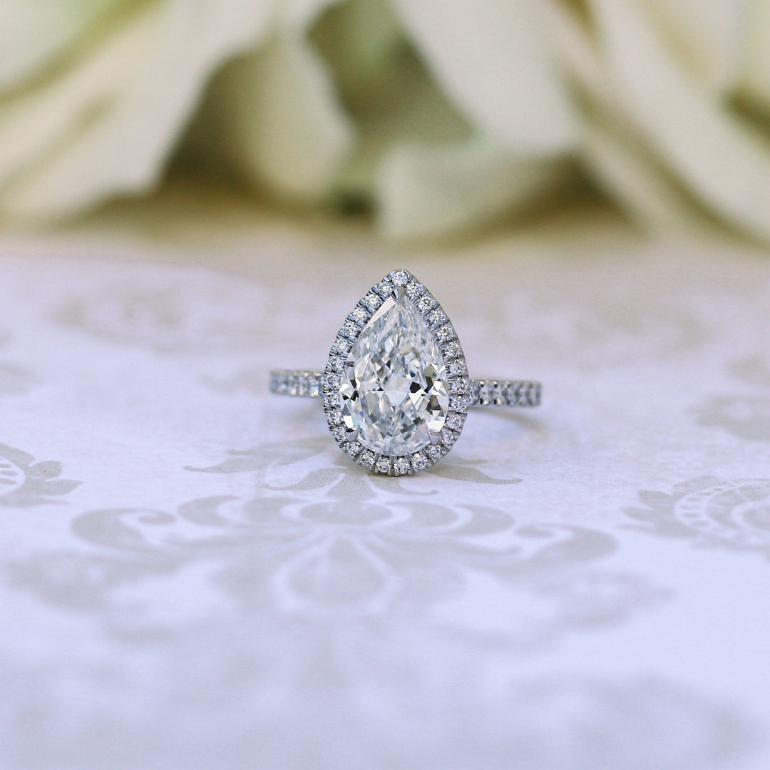2.0CT Pear Cut Moissanite Halo Pave Diamond Engagement Ring