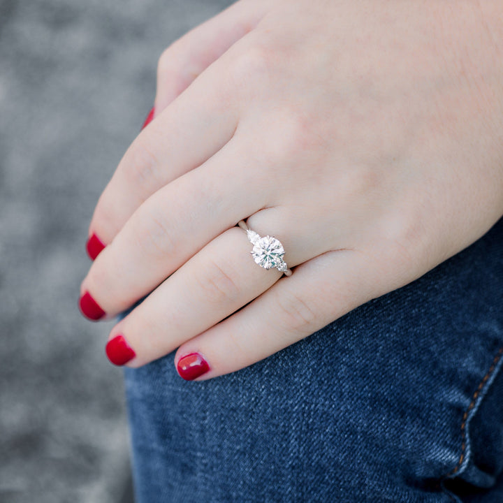 2.0CT Round & Pear Cut Moissanite 3 Stone Engagement Ring